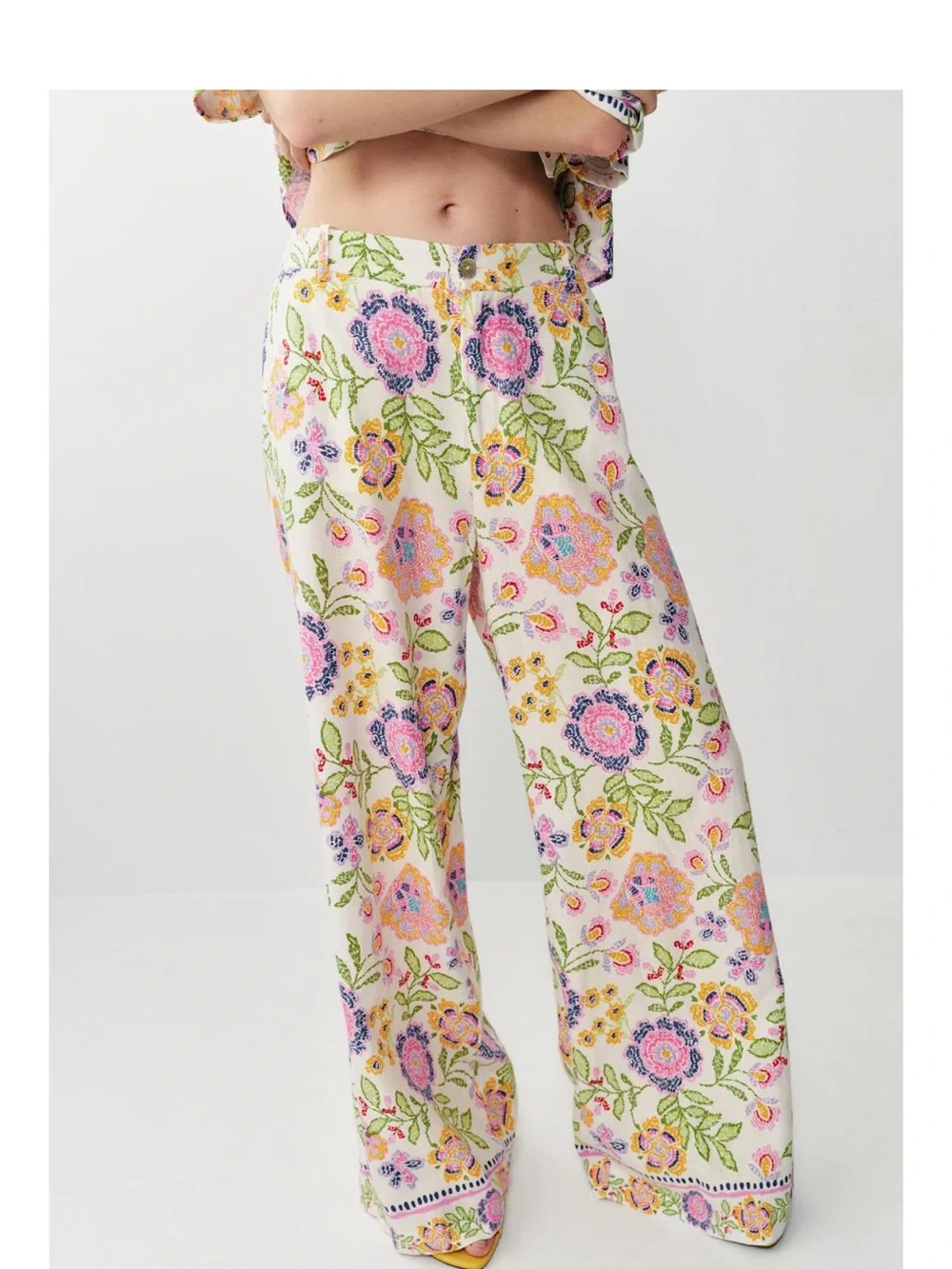 Floral Button-Front Wide-Leg linen Blend 2 PCs pants set- Pink Multi
